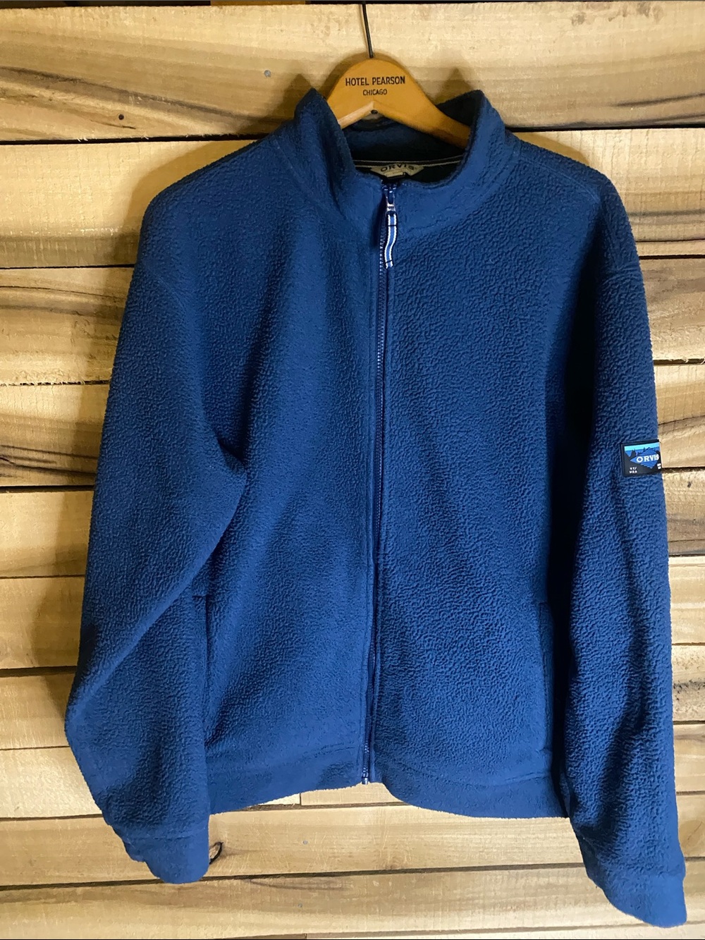 Orvis  Blue full zip Fleece Jacket size large two pockets polyester